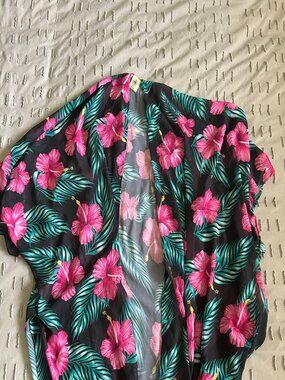 Tropical Hibiscus Swim Cover Up | Sheer Floral Beach Layer | Black, Pink & Teal